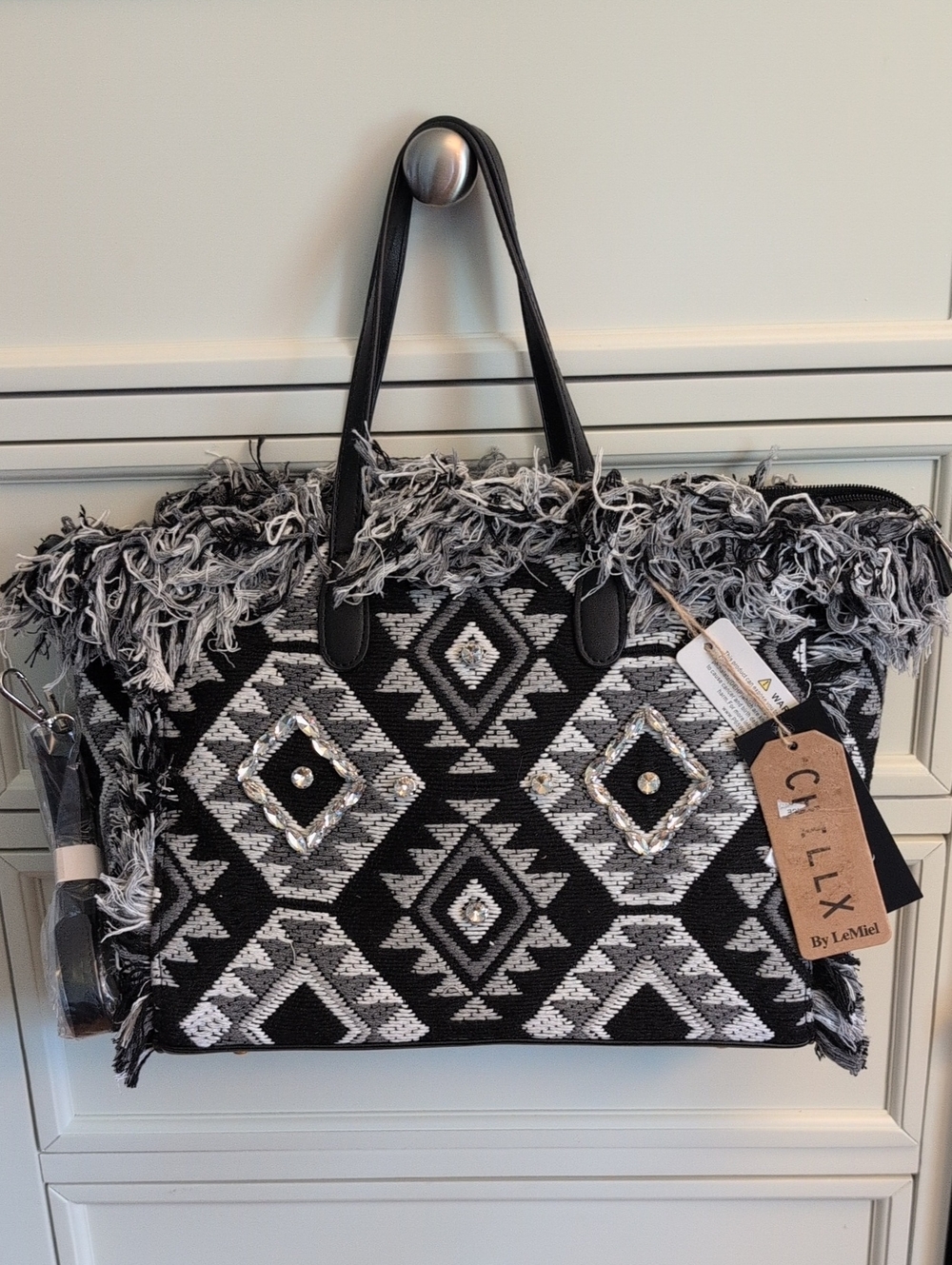 Aztec Black & Gray Woven Fringe Tote with Rhinestones